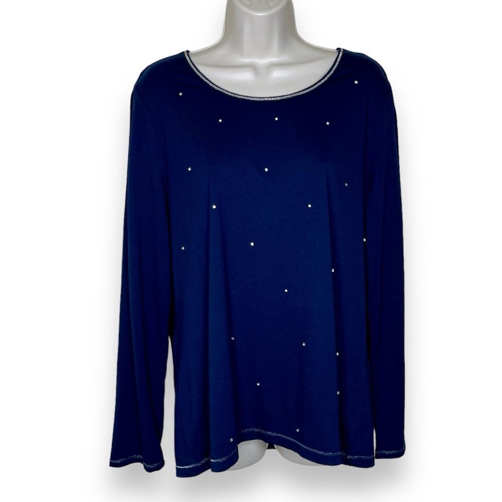 Zenergy by Chicos All Over Jeweled Tee Deep Navy Blue Long Sleeve Women Large